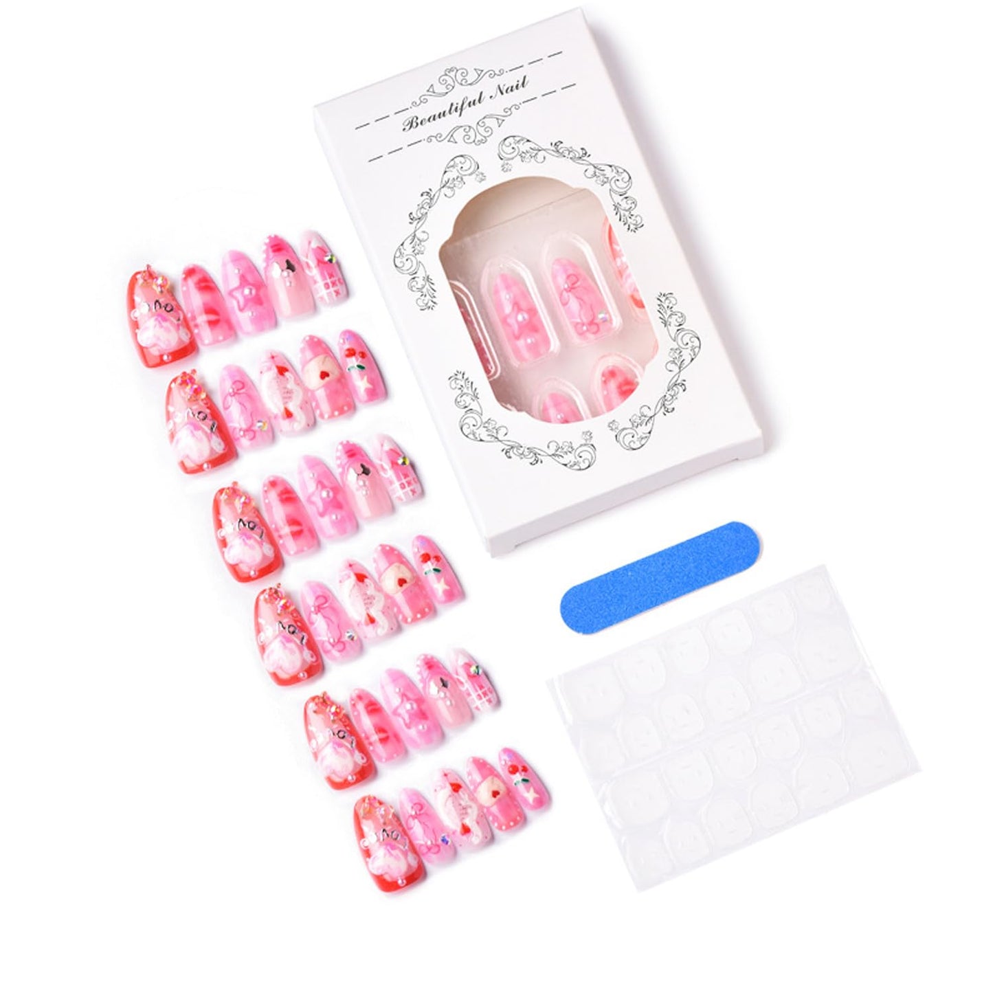 30Pcs Pink Valentine's Press on Nails Almond Nail Art,Beautiful Fake Nails Set French Pointed Nails Cute Bear Sexy Red Lips Rose Pearl Pressed Nails,Love Fully Covered Romantic Nail Decor DIY Manicure