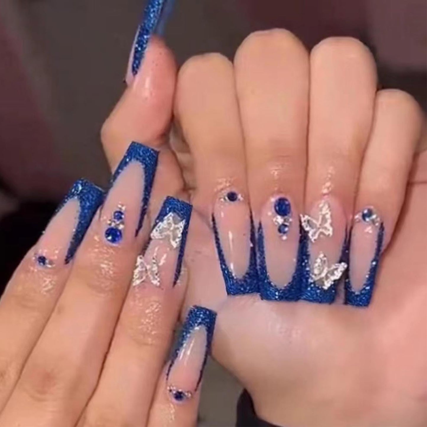 DANMANR Long Press on Nails Square French Fake Nails Full Cover Nude Acrylic False Nails for Women and Girls 24PCS (Blue Butterfly)