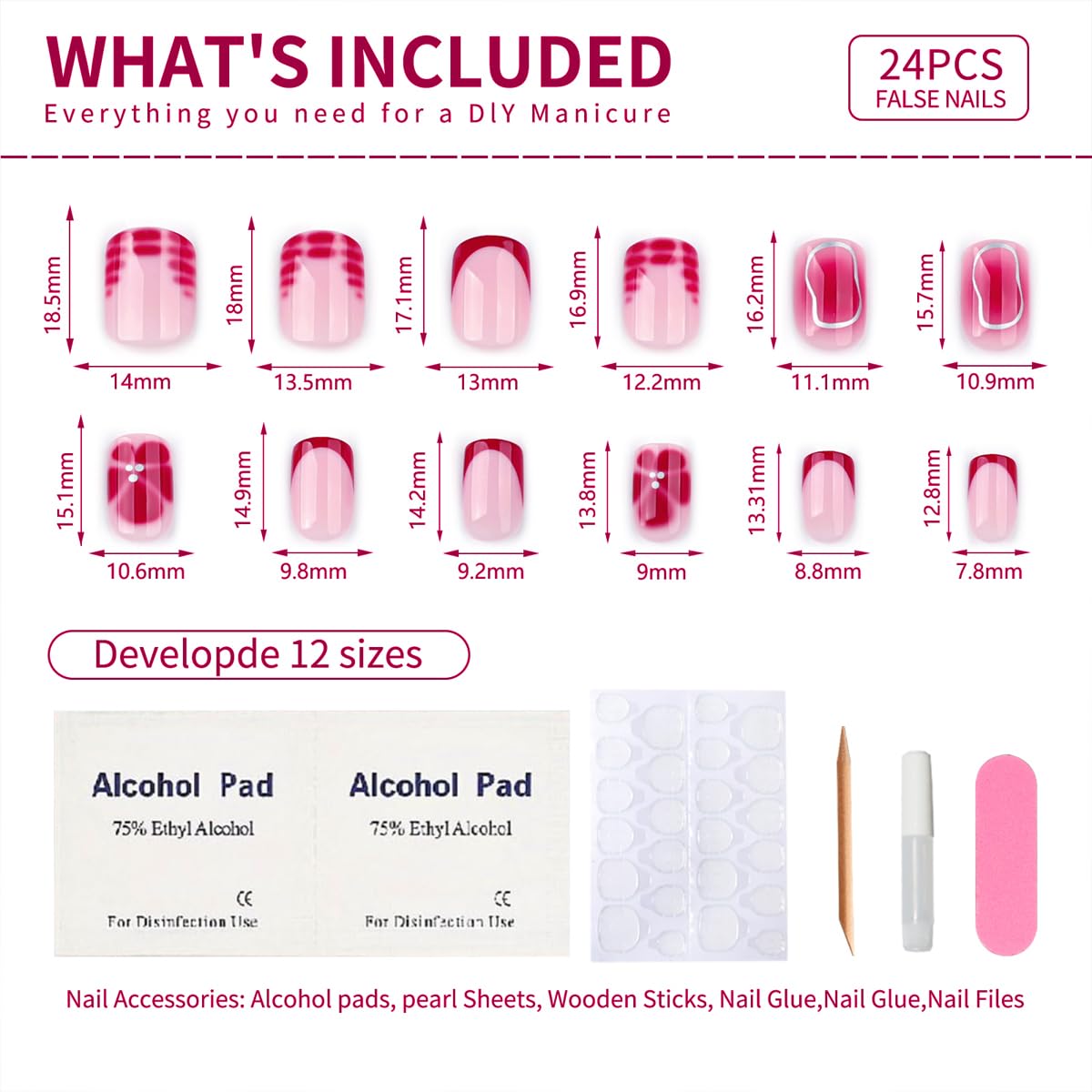 Mivota Short Square Press on Nails with Red Flower Designs Of Silver Lines Fake Nails Nude Acrylic Press ons Nails Full Cover Stick on Nails Reusable for Women Manicure Kit 24 Pcs