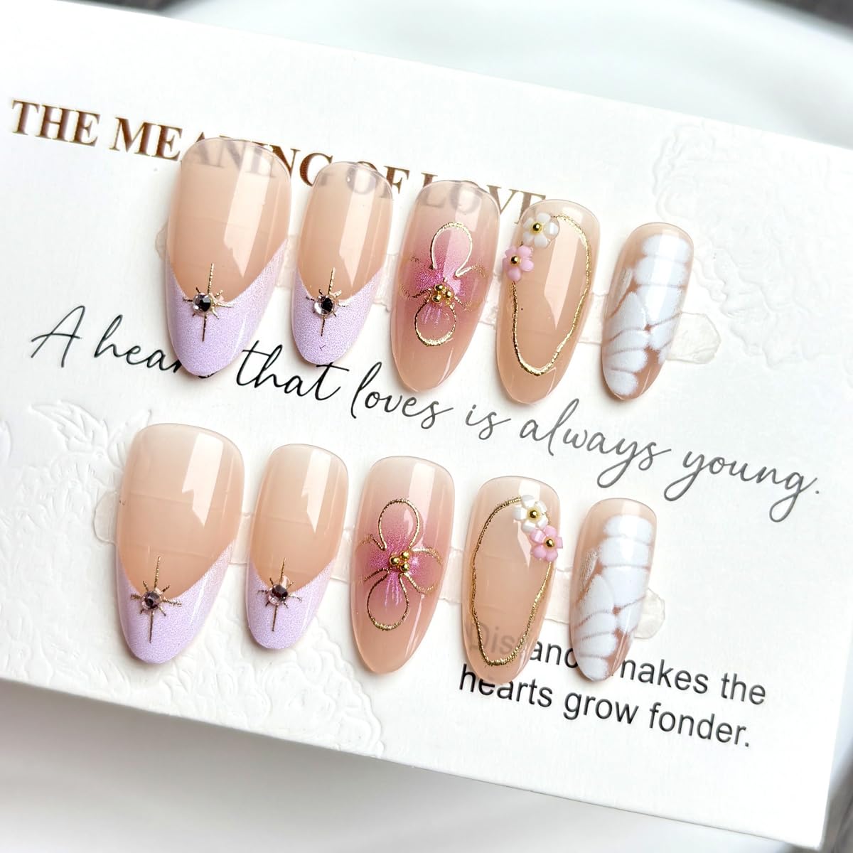 Medium Almond Press on Nails Purple French Tip Fake Nails Pink Flower 3D Gold Lines Rhinestones Design Full Cover Glossy Glue on Nails for Women 30PCS