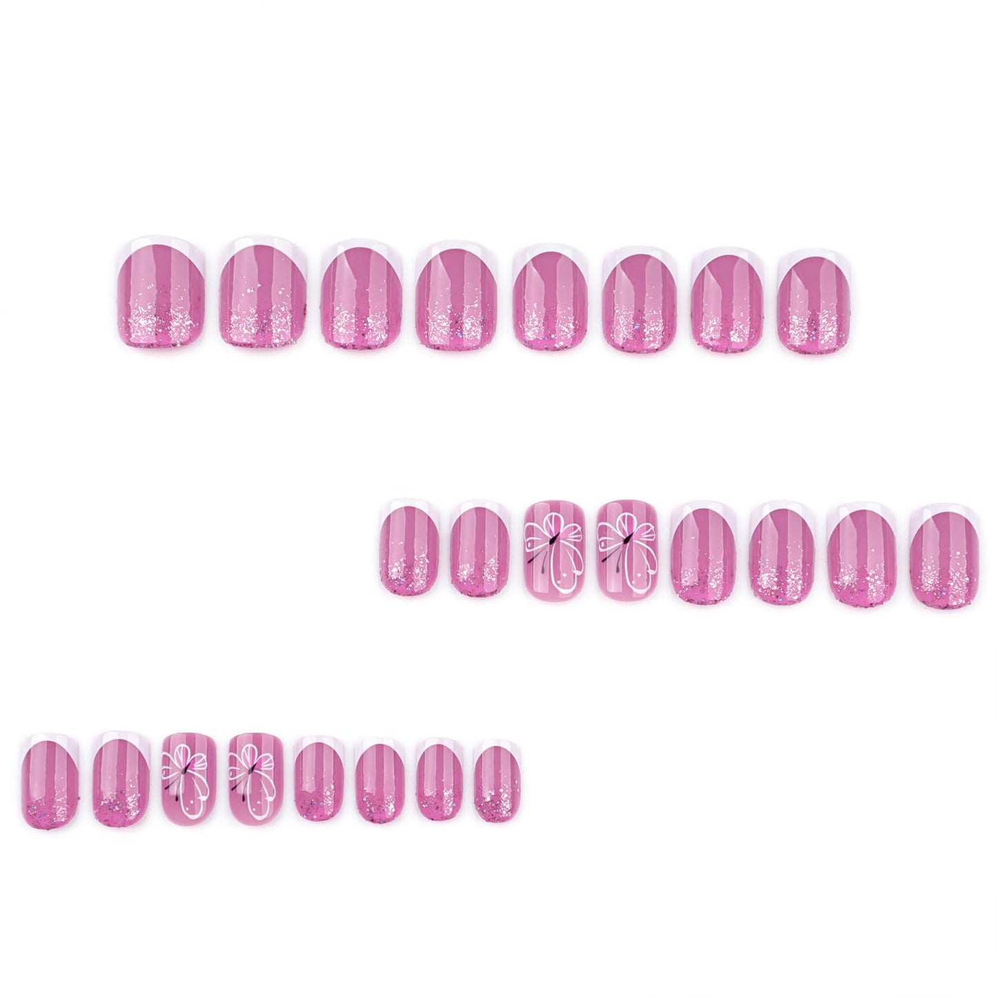 White French Tip Press on Nails Short Square Fake Nails with Butterfly Glitter Designs Summer Glue on Nail Reusable Artificial Extra Short Acrylic Full Cover Stick on Nail for Wedding Women 24 Pcs