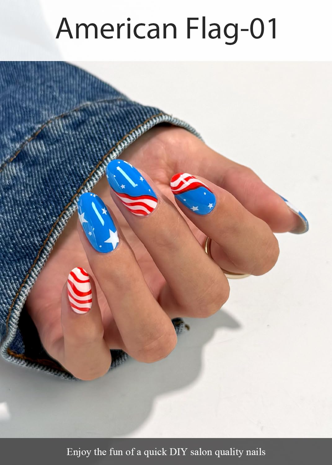 AutyaMee Semi Cured Gel Nail Strips (American Flag-01), 4th of July, 20 Pcs Gel Nail Wraps, Stickers, Salon Quality, Sun-Cured or UV-Cured