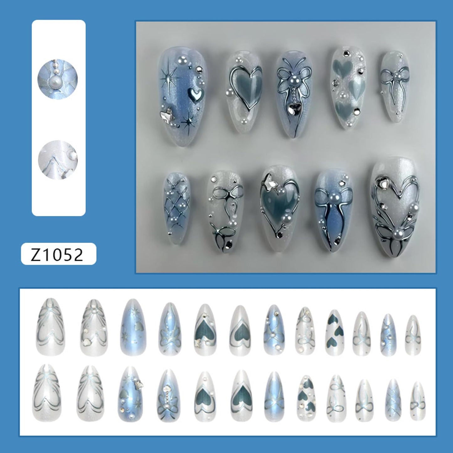 Blue Press on Nails Medium Almond Fake Nails with 3D Diamond Pearl Star Charms Acrylic Nails Press ons Cute Design Heart-shaped Press ons Gradient Bow Silver Star Stick on Nails for Women Daily Wear