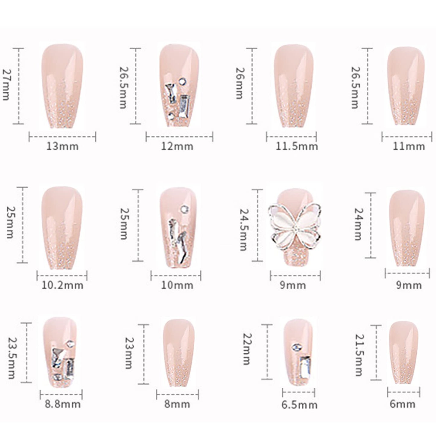 24Pcs Artificial Acrylic Fake Nails With Butterfly Rhinestone Designs, Press on Square Medium Length, Full Cover Reusable Coffin False Set, Women Glue on for Nail Art