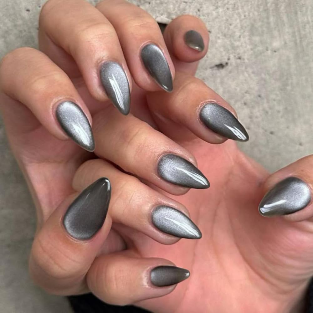 SXVME Cat Eye Black Press On Nails Medium Almond Shaped - 30 Pcs Stiletto Fake Nails Acrylic Press ons, Natural Fit, Opaque Glitter Chrome Gel Nails Stick on, Soft Gel Glue on Nails for Women, No Glue