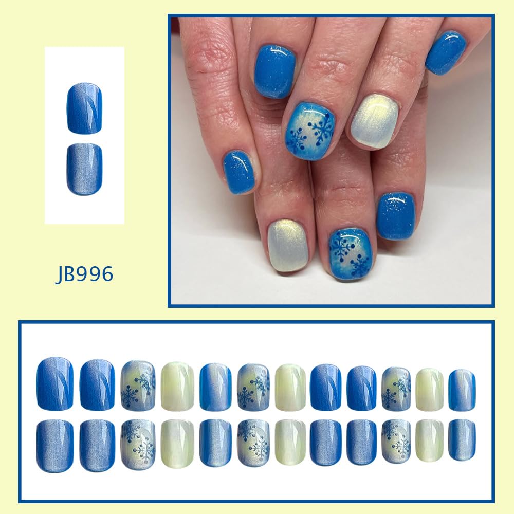 Christmas Blue Press on Nails Snowflake Short Fake Nails Winter Square Nails Press ons Full Cover Stick on Nail Xmas Reusable Acrylic Nail Bling Glue on Nails for Women 24Pcs