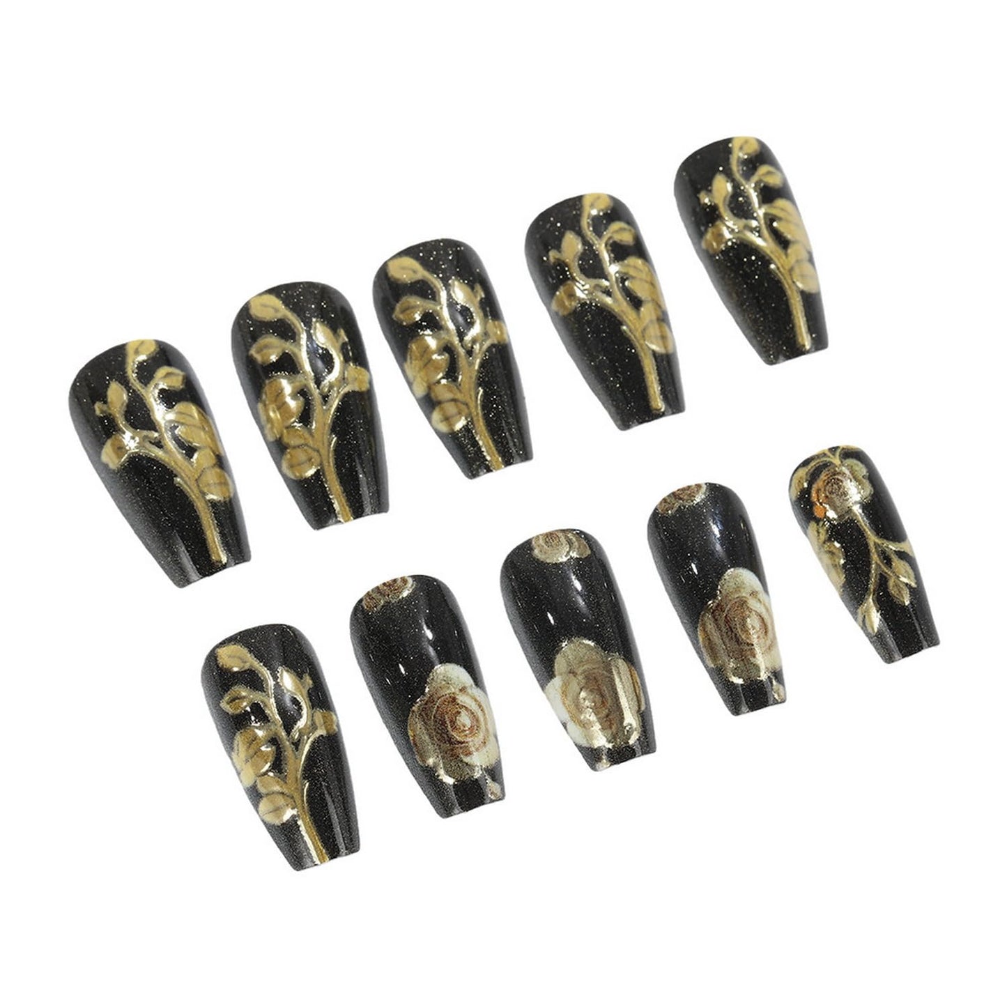 24pcs Press on Nail Long Coffin Fake Nails Black with Gold Floral designs 3D False Nails Full Cover Luxury Press ones Glossy Reusable Acrylic Glue on Nails for Women Art Manicure