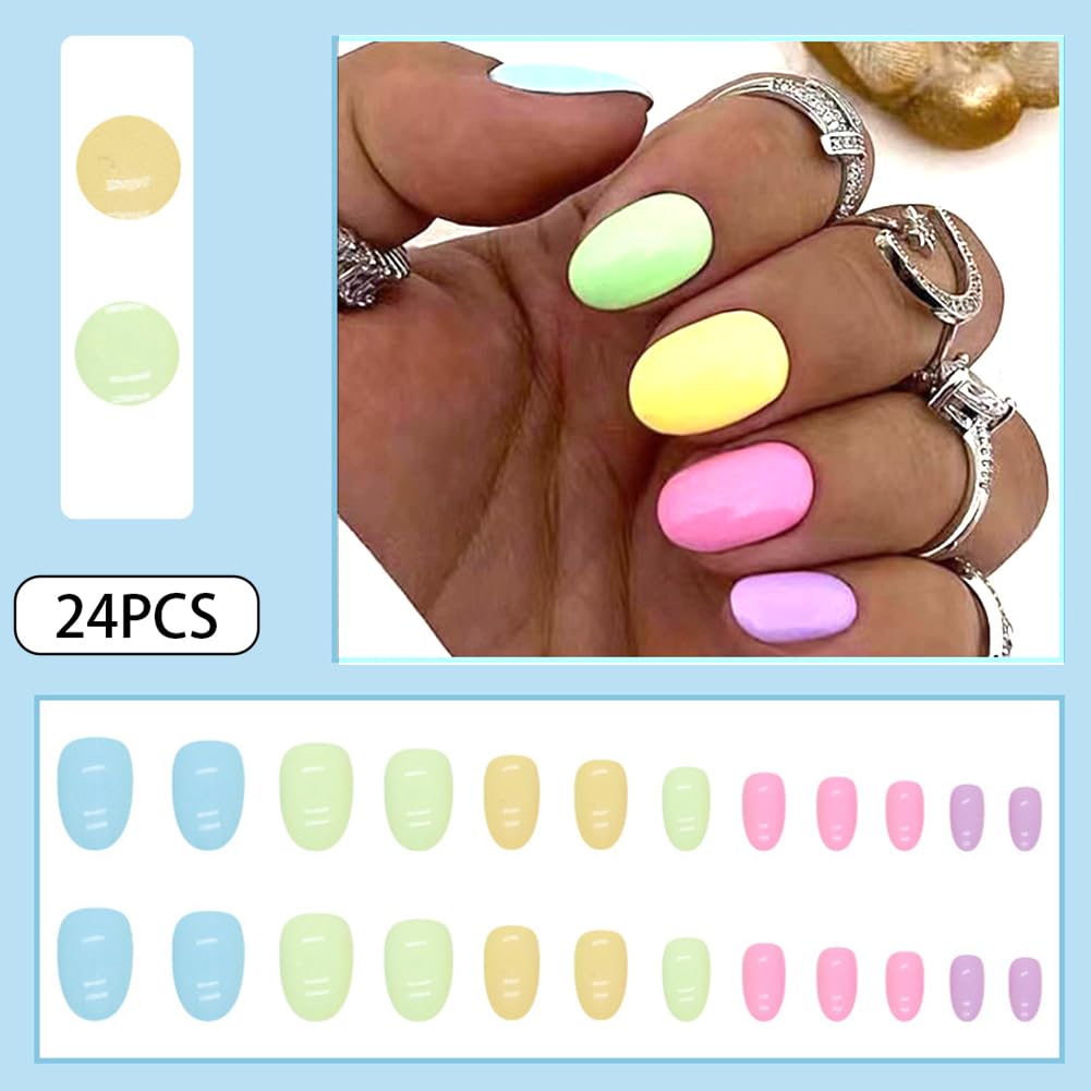Short Fake Nails - Acrylic Press Ons, Almond Squoval Glossy False Nails with Multi-Color Rainbow Designs - 24 Pcs