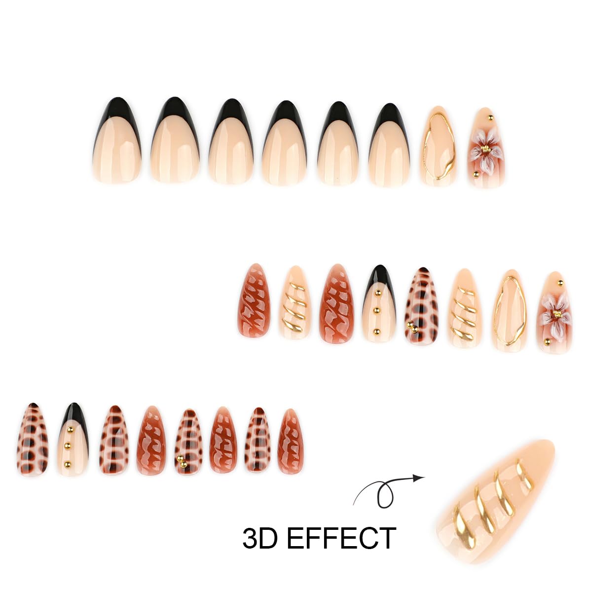 Brown Gold Press on Nails Medium Almond Fake Nails Press ons with Flower,Gold Lines,Crocodile Design Reusable Artificial Full Cover Glue on Nails for Women Fall Winter Manicure 24Pcs