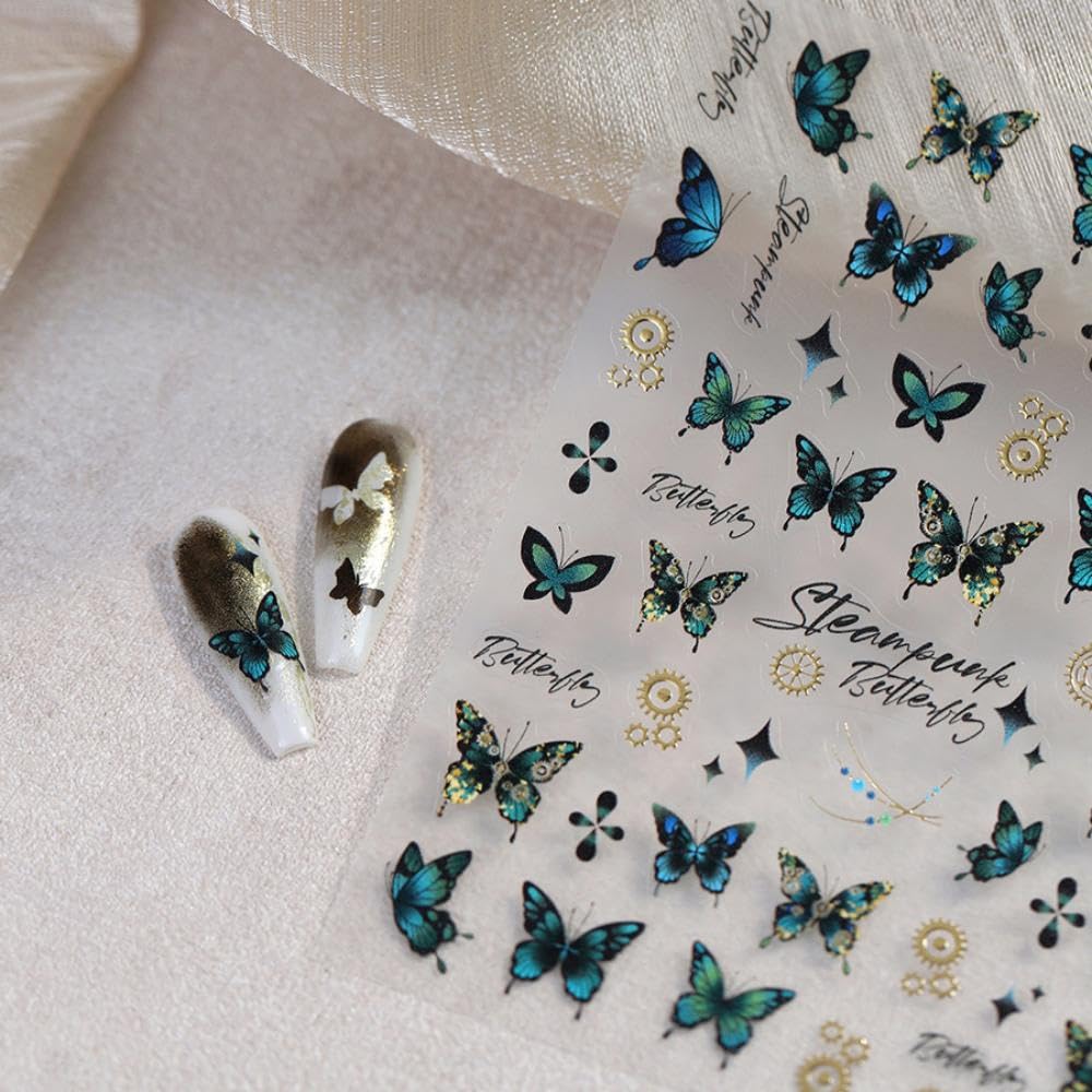 Green Butterfly Nail Stickers 5D Embossed Flower Nail Art Stickers Starlight Nail Decals 3D Self-Adhesive Spring Nail Supplies Summer Nails Decoration Accessories for Women Girls Manicure 1 Sheet