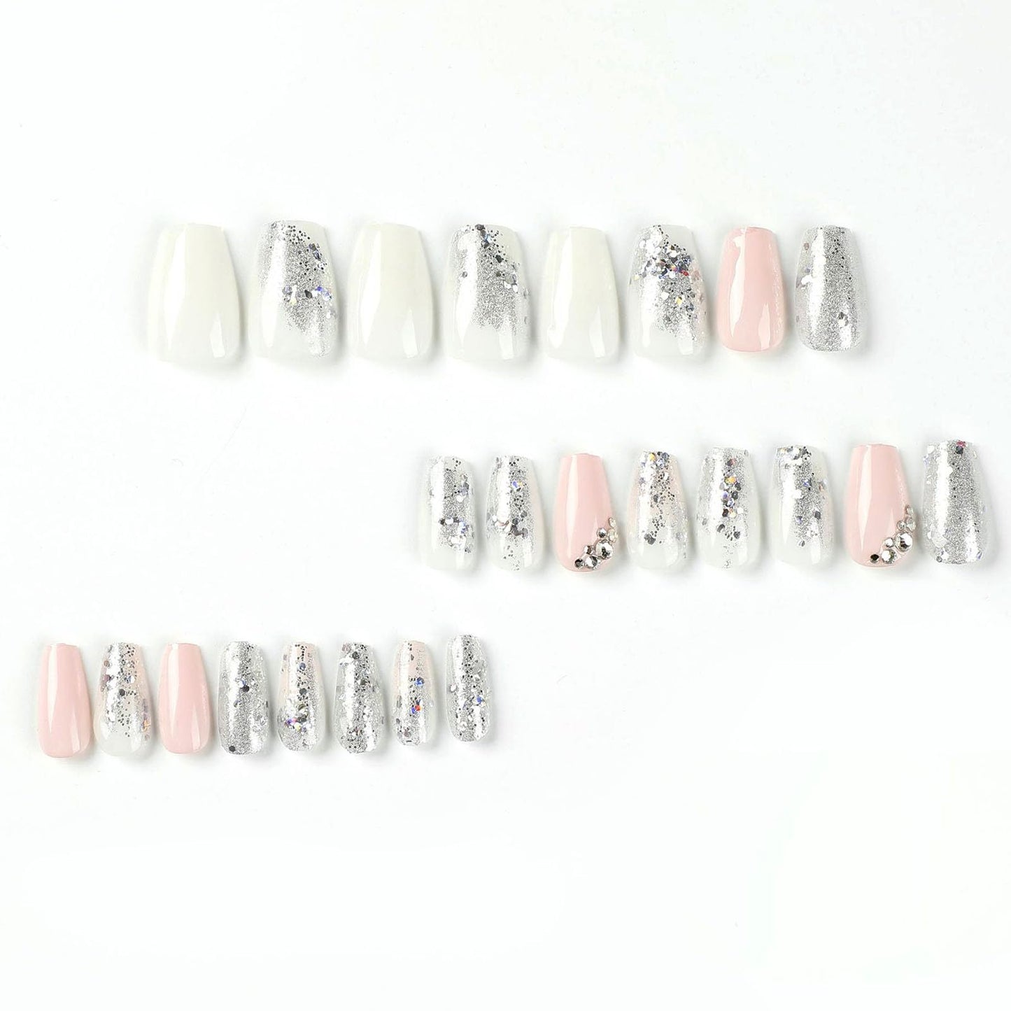 GXOIPNS Coffin Press-on Nails, 24 Pcs Short False Nails with Silver Glitter Designs, Rhinestones, White and Pink, Full Cover Acrylic Nails, Glossy, Reusable, Glue-on Nails for Women