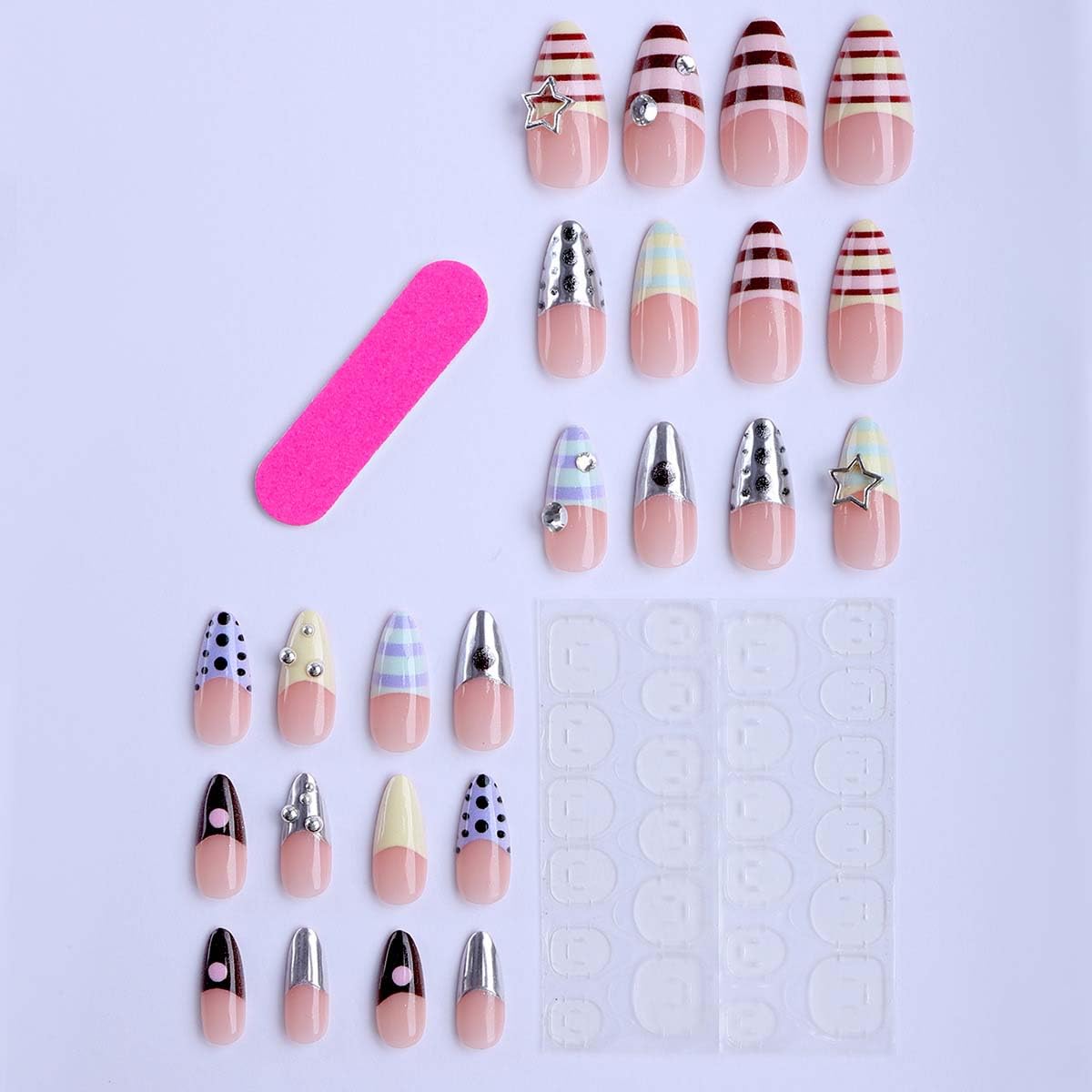 LINMEIZAI 24 Pcs French Tip Press on Nails Short Almond Y2K Fake Nails Press ons Nail Tips Glue on Nails Acrylic Nail Kit with Rhinestones Styles Design False Nails Stickers Nail Art for Women