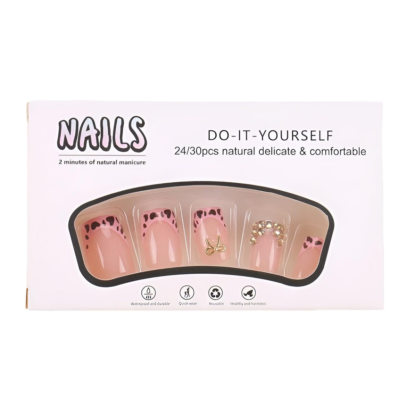 Nude Fake Nails Short Square Press on Nails Pink French Tip Nails Press Ons with Leopard Print Design Gold Bow False Nails Glossy Glue on Nail Rhinestones Stick on Nail for Women 24Pcs