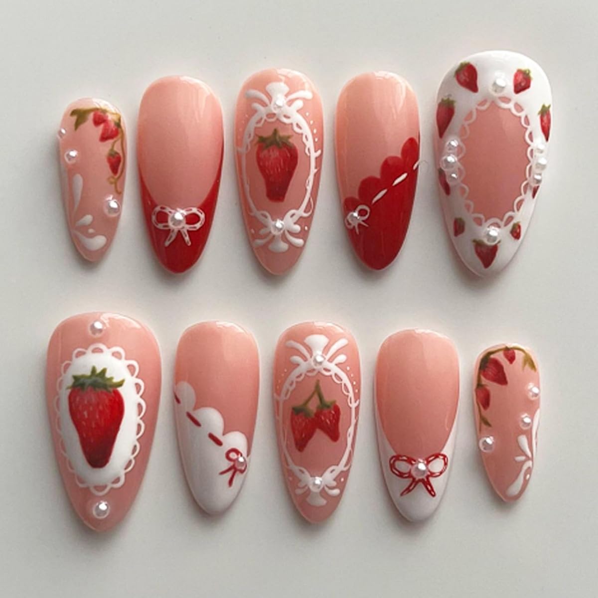 Strawberry Press on Nails Medium Almond, Bow French Tip Fake Nails with Glue, Strawberries Bows Pearl Rhinestones Stick on Nails Full Cover Pink Glossy False Nails for Women Manicure Decoration, 24PCS
