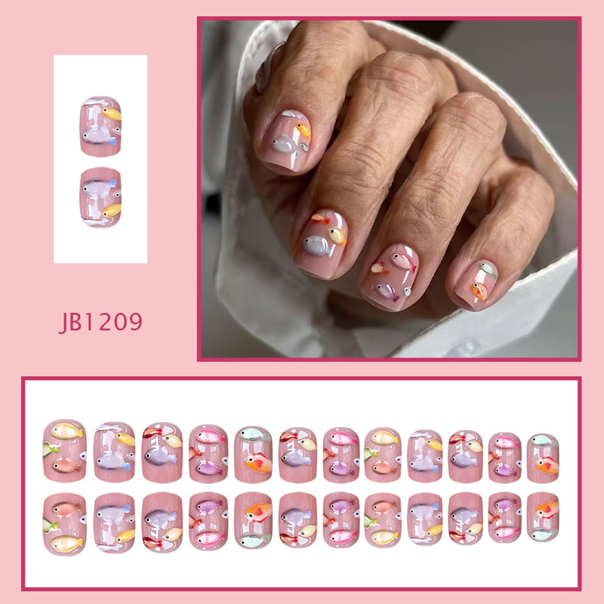 Summer Press on Nails - Short Square, Fish Design, Full Cover Glue on Nails for Women Manicure 24 Pcs