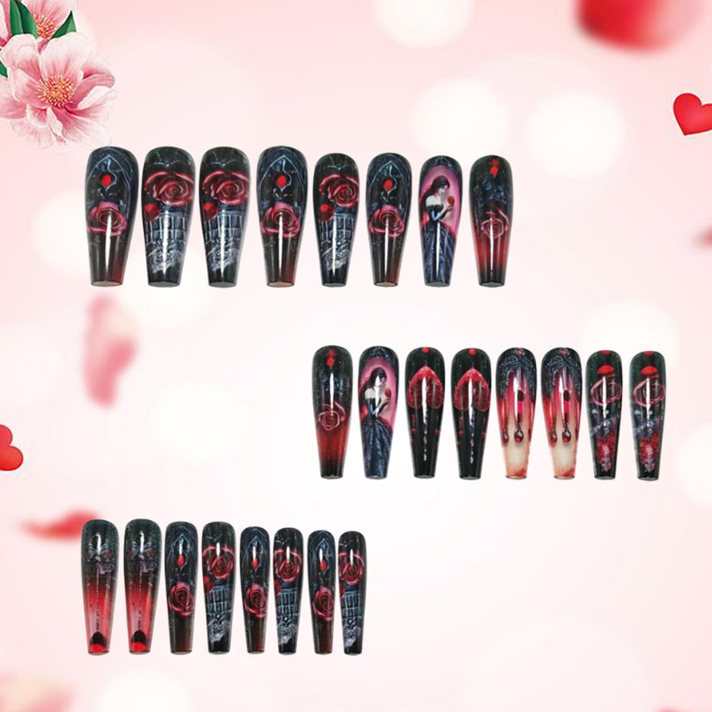 CJDLTS 24Pcs Flower Valentines Press on Nails Long Ballet Artificial Acrylic False Nails Red Love Fake Nail Rose Full Cover Reusable Coffin Floral Artificial Fingernails for Women Festival Manicure
