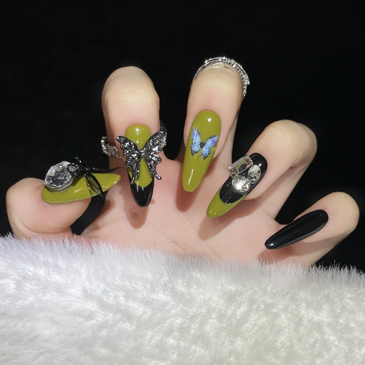 Handmade Press On Nails Green Butterfly Reusable Stick On Fake Nails Luxury Elegant Sexy Style For Women Gift With Nail Glue M