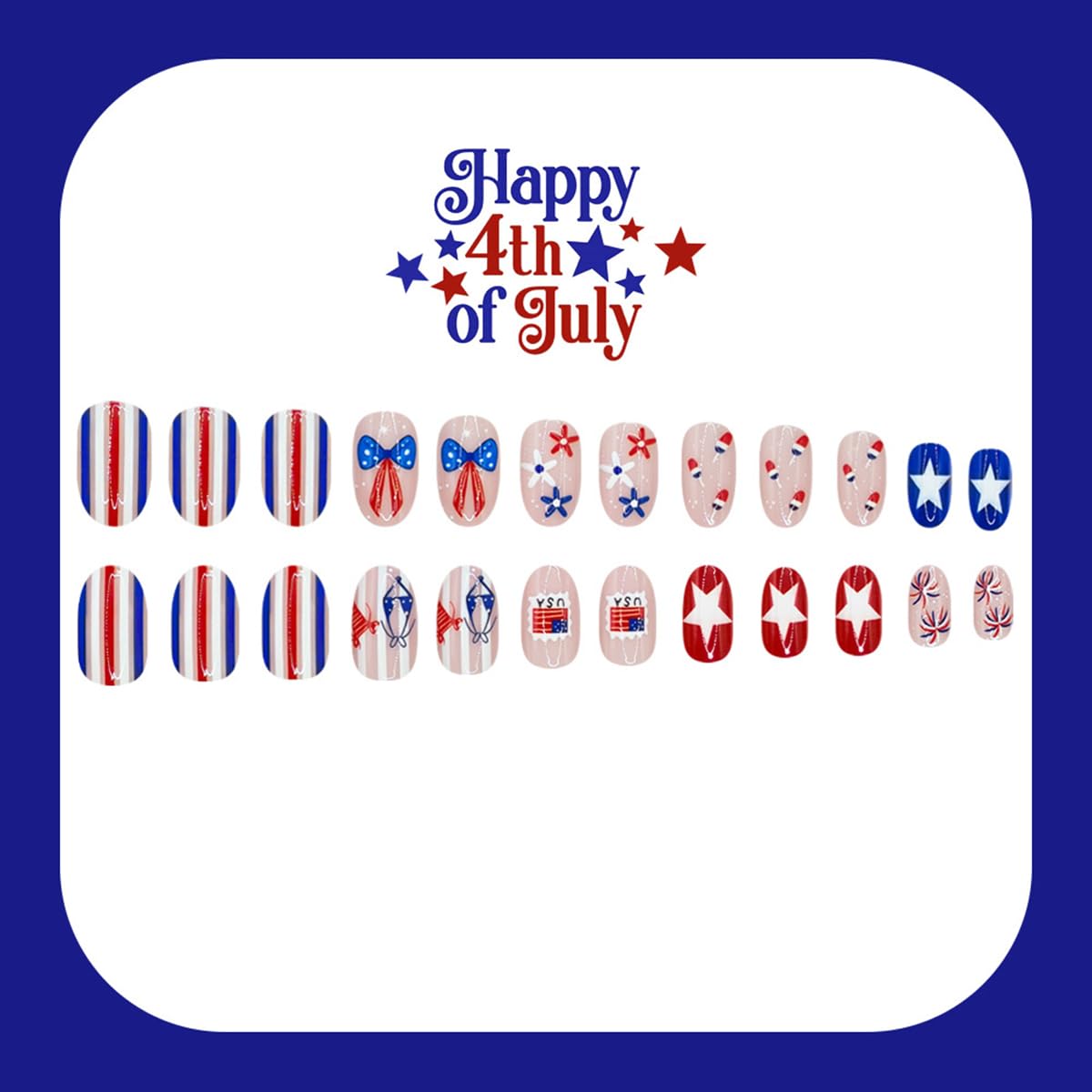 24 Pcs Independence Day Press on Nails Short Almond WLGDLH July 4th Fake Nails, Summer False Nails with Striped Star Bow Flowers Design, Nude Base Glue on Nails for Women Manicure, Glossy Finish