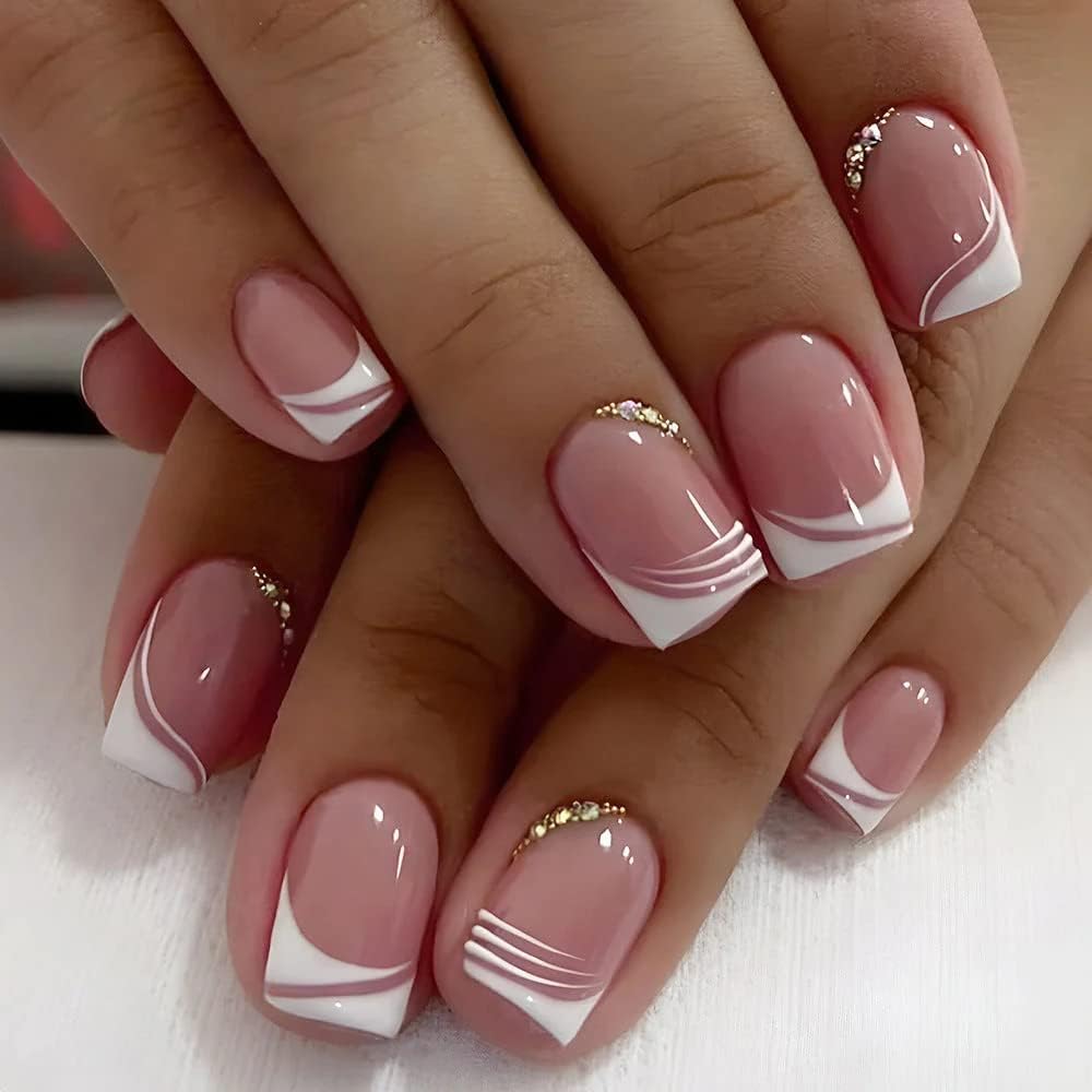 Curvlife Soft Gel Press on Nails Fake Nails with Golden French Design Full Cover False Nails for Women Reusable Nail Kit with Nail Glue Adhesive Tabs Nail File