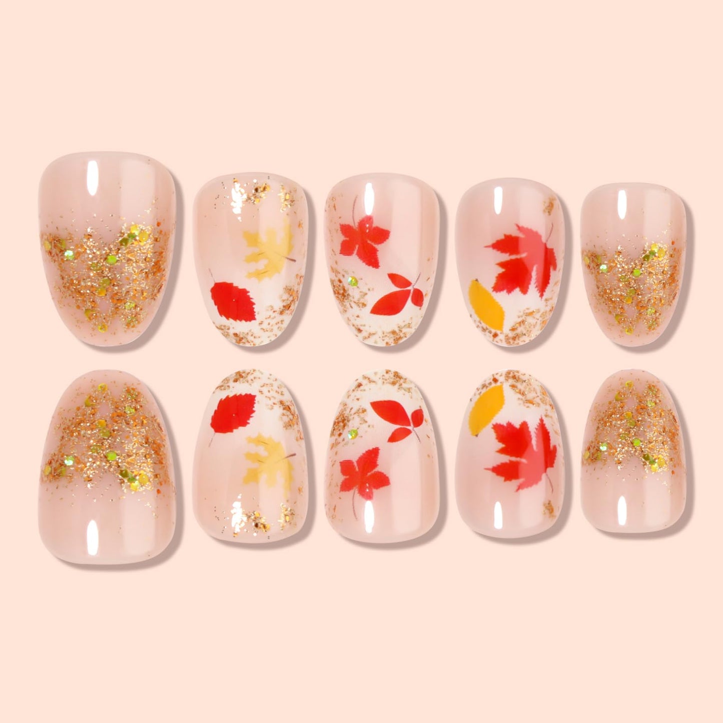 HOSAILY Fall Press-on Nails Extra Short Oval, White Ombre Gradient Base with Red Maple Leaf & Gold Glitter Design, 24pcs Autumn Cute Full Cover Stick on Acrylic Fake Nails with Glue Women Daily Wear