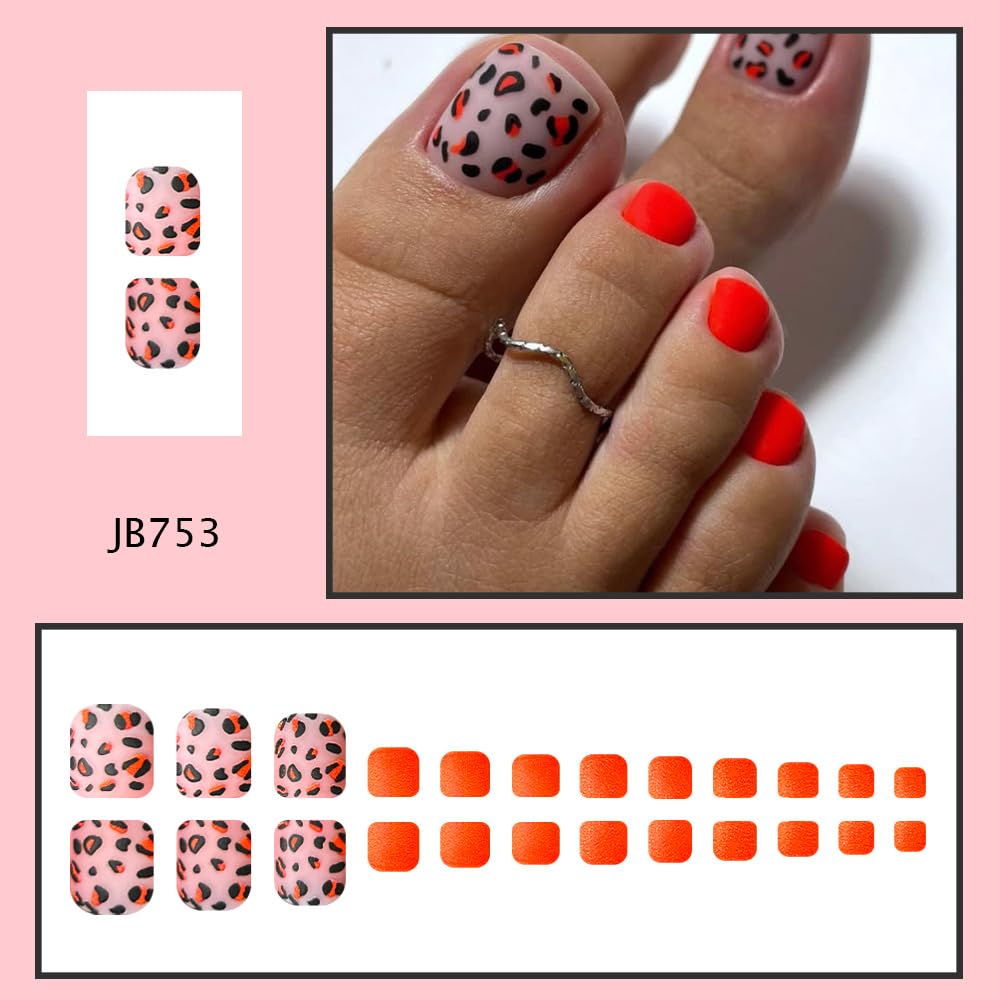 Red Press on Toenails Short Square False Toenails with Black Red Leopard Design Spring Stick on Toenail Glossy Summer Glue on Toenail Full Cover Red Fake Toe Nails for Women Girls Manicure 24Pcs