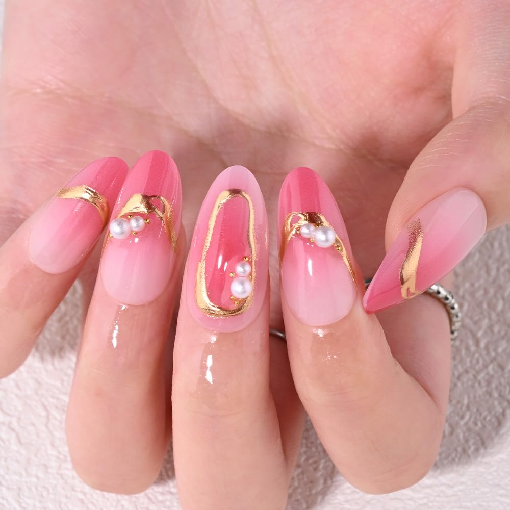 XZMeiLun Pink Ombre Gold Frame Pearl Flower Press on Nails, Medium Almond Acrylic Fake Nails Design, Natural Reusable Nails Kit for Women DIY False Nail Art Decoration Gift, Salon Quality Reusable