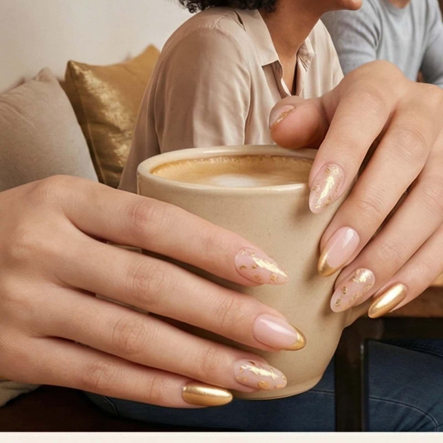 Medium Almond Press on Nails Gold French Tip Fake Nails Nude with Gold Foil Design Glossy Acrylic Glue on Nails Reusable Artificial Nail Full Cover Sticker on Nails for Women 24 Pcs