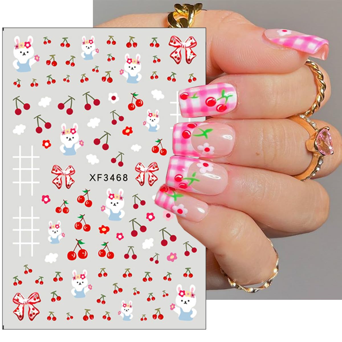 6Sheets Cherry Nail Art Stickers Decals Summer Fruit Nail Stickers 3D Self-Adhesive Strawberry Bow Nail Art Design Supplies Cute Fruits Rabbits Nail Decals for Women and Girls Acrylic Nails Decoration