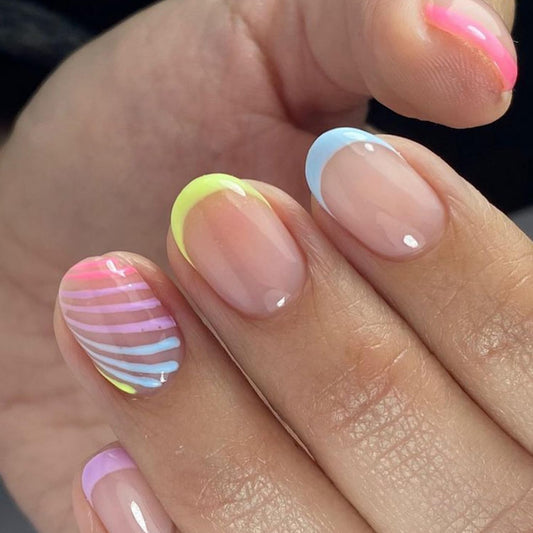 RIICFDD Almond Press on Nails Short Fake Nails Candy Color French Tip Nails Press ons Full Cover Colour Curve Stick on Nails Glossy Acrylic Nails Glue on Nails for Women Nail Decoration 24 Pcs