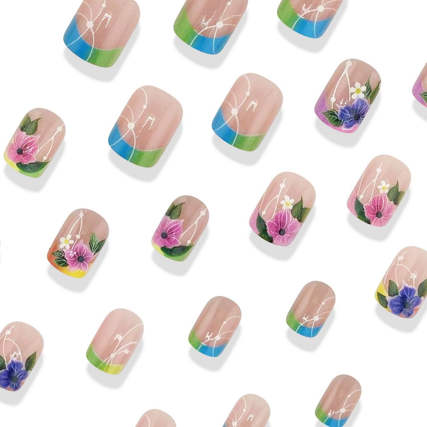Colorful Press on Nails Short Square Fake Nails Flower False Nails Glossy Acrylic Nails Full Cover Stick on Nails with designs Floral Glue on Nails Sprinng Summer Nails for Women Girls Manicure24pcs