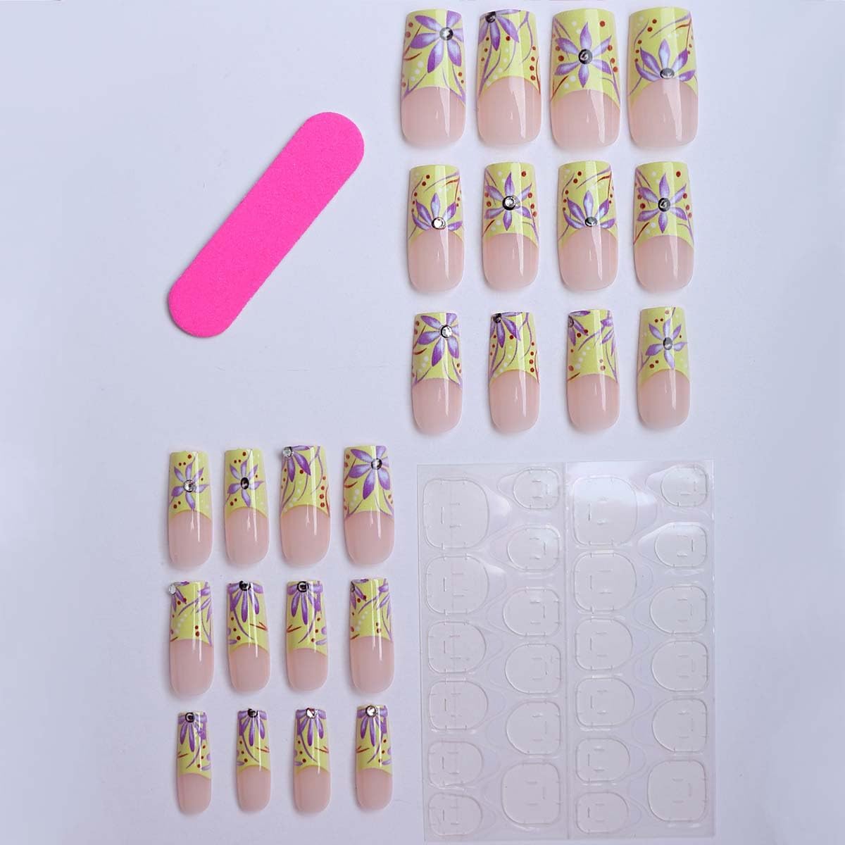 plalely Square Press on Nails Medium Yellow Fake Nail Purple Flowers Acrylic Nail Press ons Sparkly Rhinestones Stick on Nail for Women 24pcs