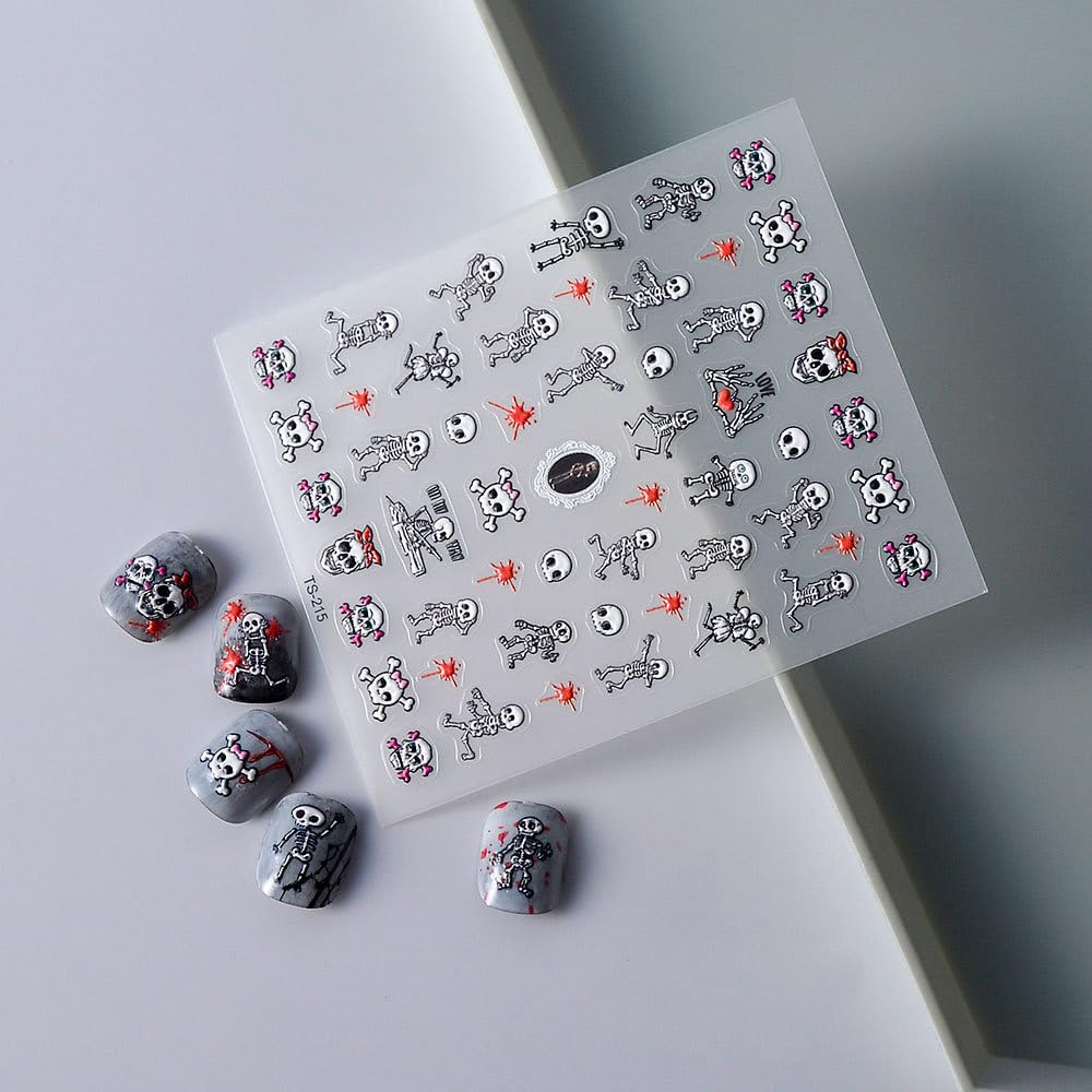 Halloween Nail Art Stickers 5D Embossed Skull Nail Stickers Blood Skeleton Nail Decals Self-Adhesive for Women Girls Manicure DIY Holiday Nail Supplies