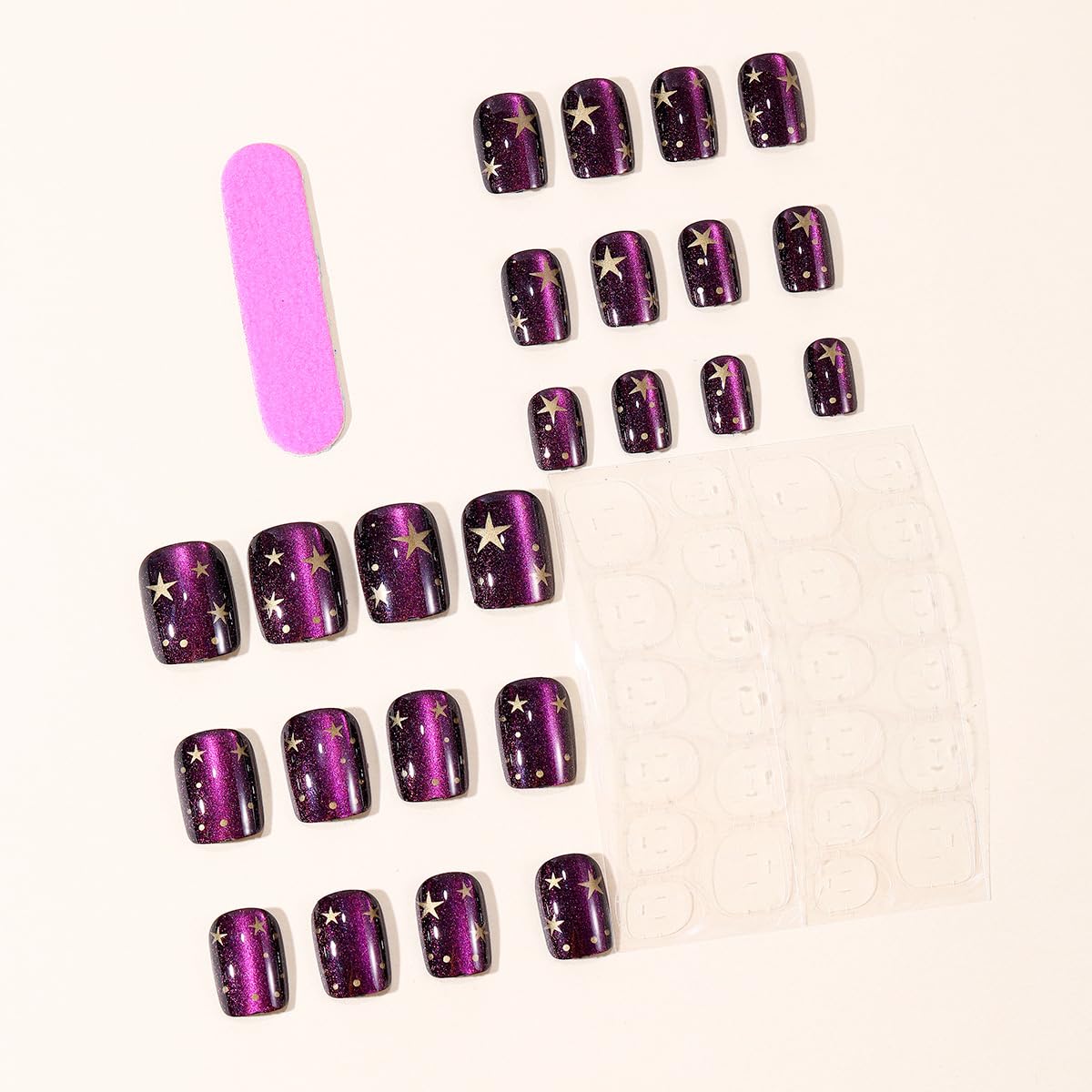24Pcs Glitter Purple Star Press on Nails Short Square Cat's Eye Fake Nails with Gold Stars Design Glossy Glue on Nails Cute Starry Sky Acrylic False Nails for Women Daily Wear Party Holiday Manicure