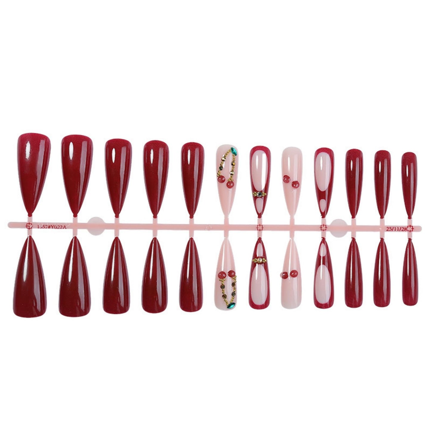 Long Almond Press on Nails for Women,Cherry & Gold Accents,Fake Nails Artificial Stick on Nails