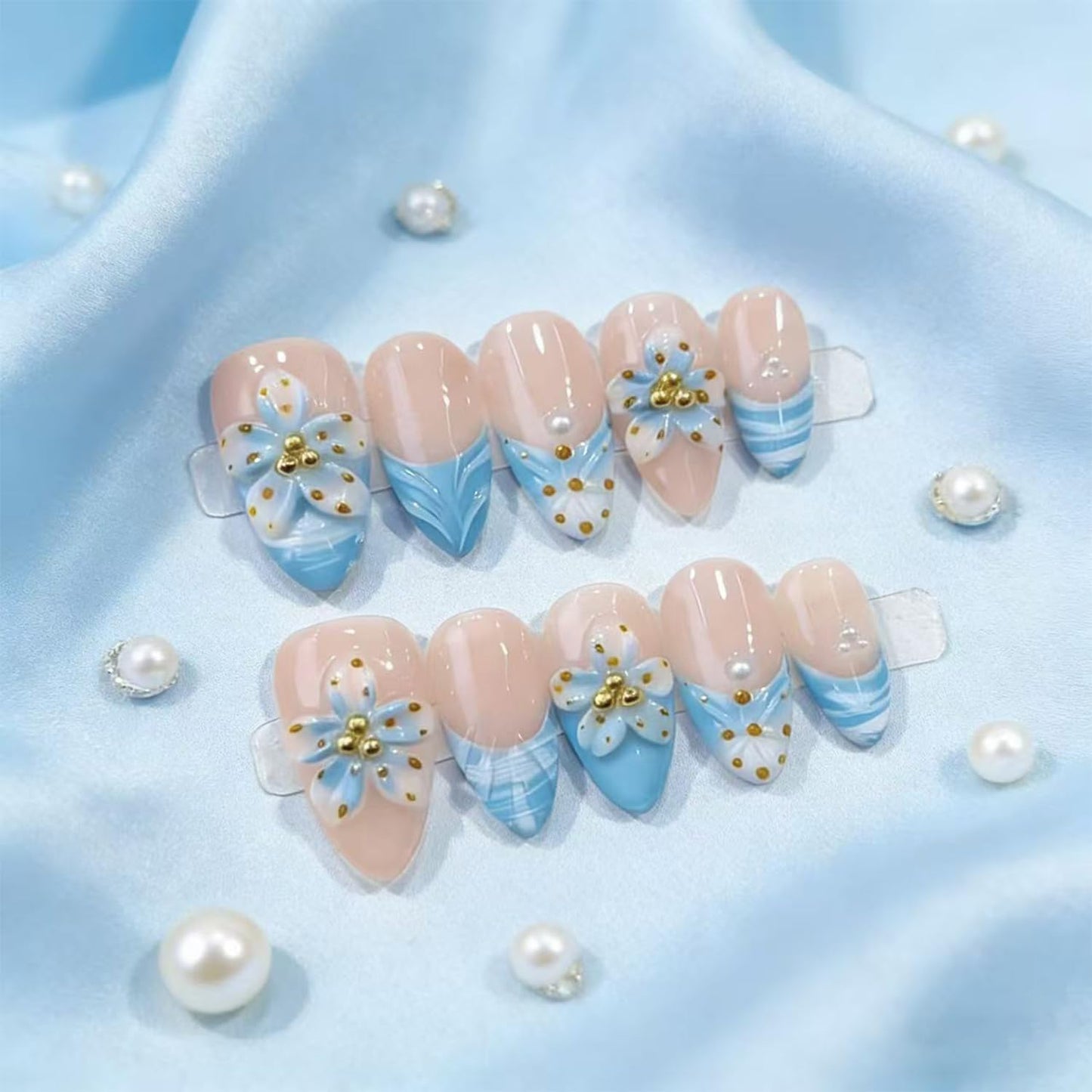 Handmade Press On Nails – Medium Almond False Nails for Women, Reusable Acrylic White French Tip with Flowers & 3D Pearl Design – Salon Quality Fake Nails 10Pcs(S)