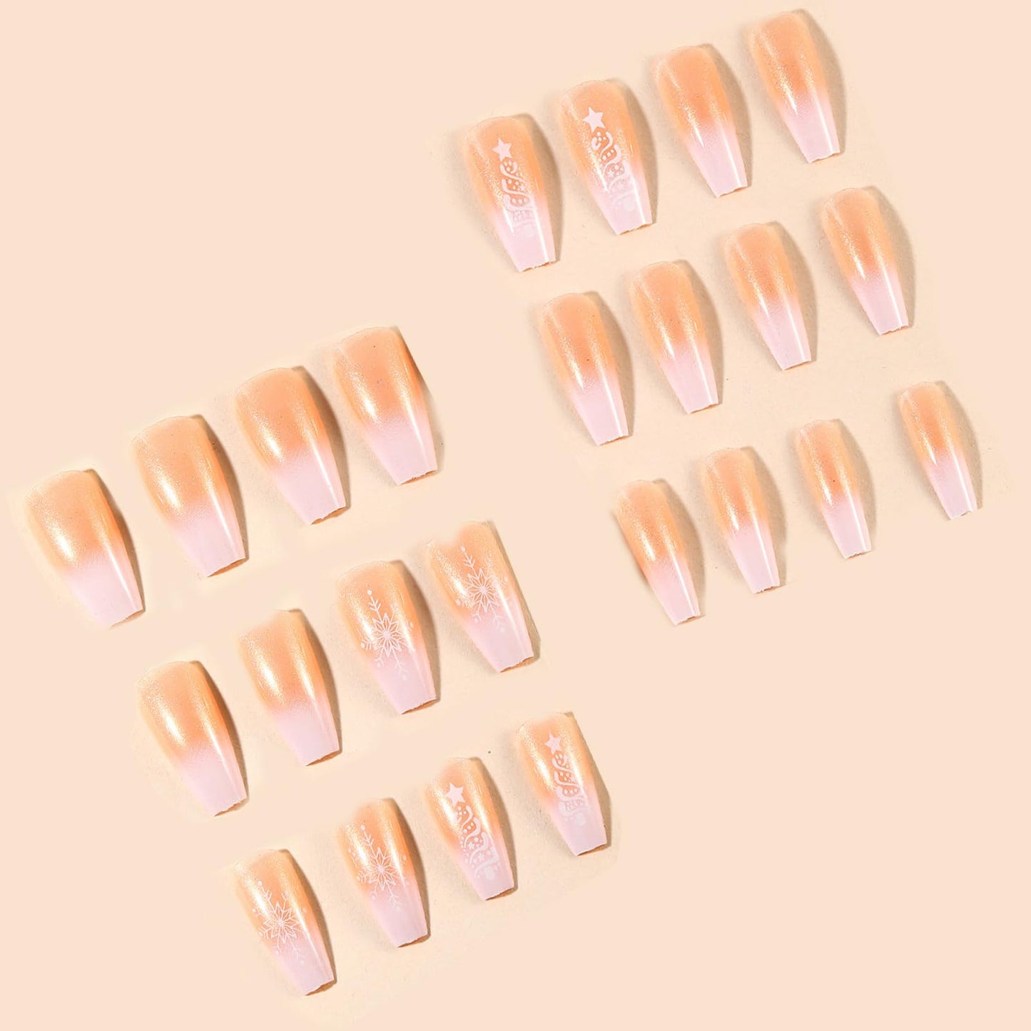 IMRAIN Christmas Press on Nails Long Coffin Fake Nails White Nude Gradient False Nails Full Cover Snowflakes Nails with Designs Ballerina Artificial Stick on Acrylic Nails for Women 24Pcs
