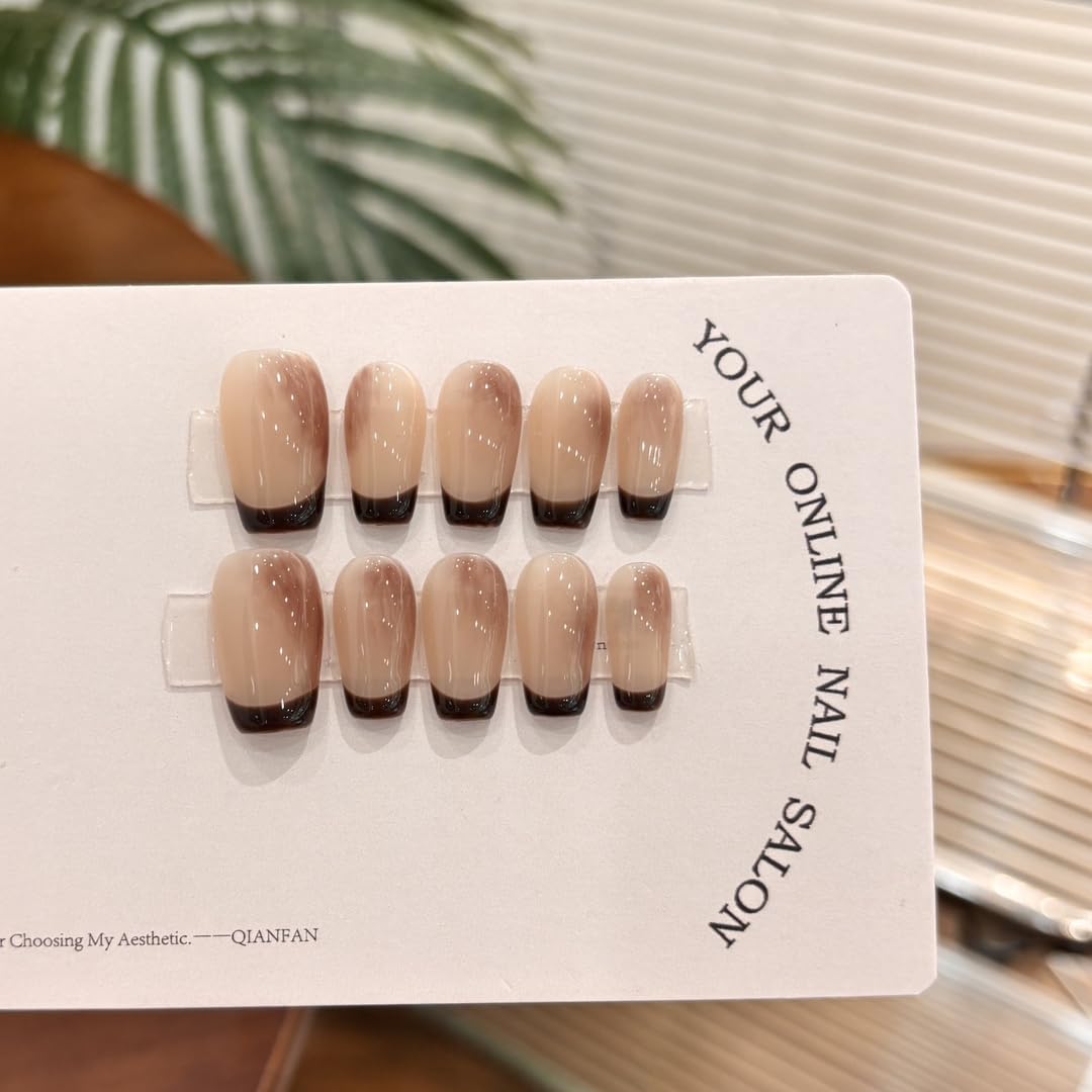 Mocha Gradient French Tip Press On Nails, Medium Almond Shape, Reusable Manicure Set，Gradient Nude Fake Nails for Office Wear (L)