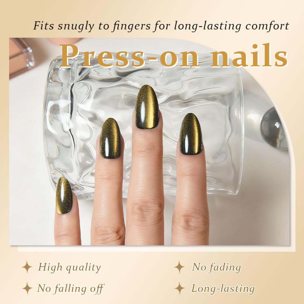 evpct Cat Eye Gold Press on Nails Almond Short, Gold Metal Short Almond Soft Gel Press on Nails with Nail Kit, Fit Perfectly, 30Pcs Reusable Acrylic Fake Press-on Nail Polish Kit for Women Gift