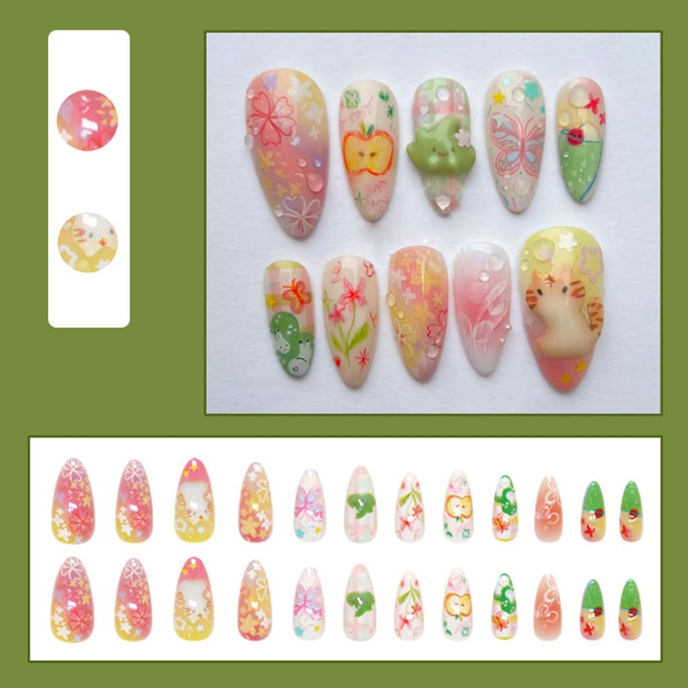 24 Pcs Fall Cartoon Press on Nails Short Almond,MINGCHUN Kawaii Fake Nails Press ons Acrylic Nail Art Tips Kit Full Cover False Nails Glue on Nails with Cute Flowers Design for Women Nail Supplies