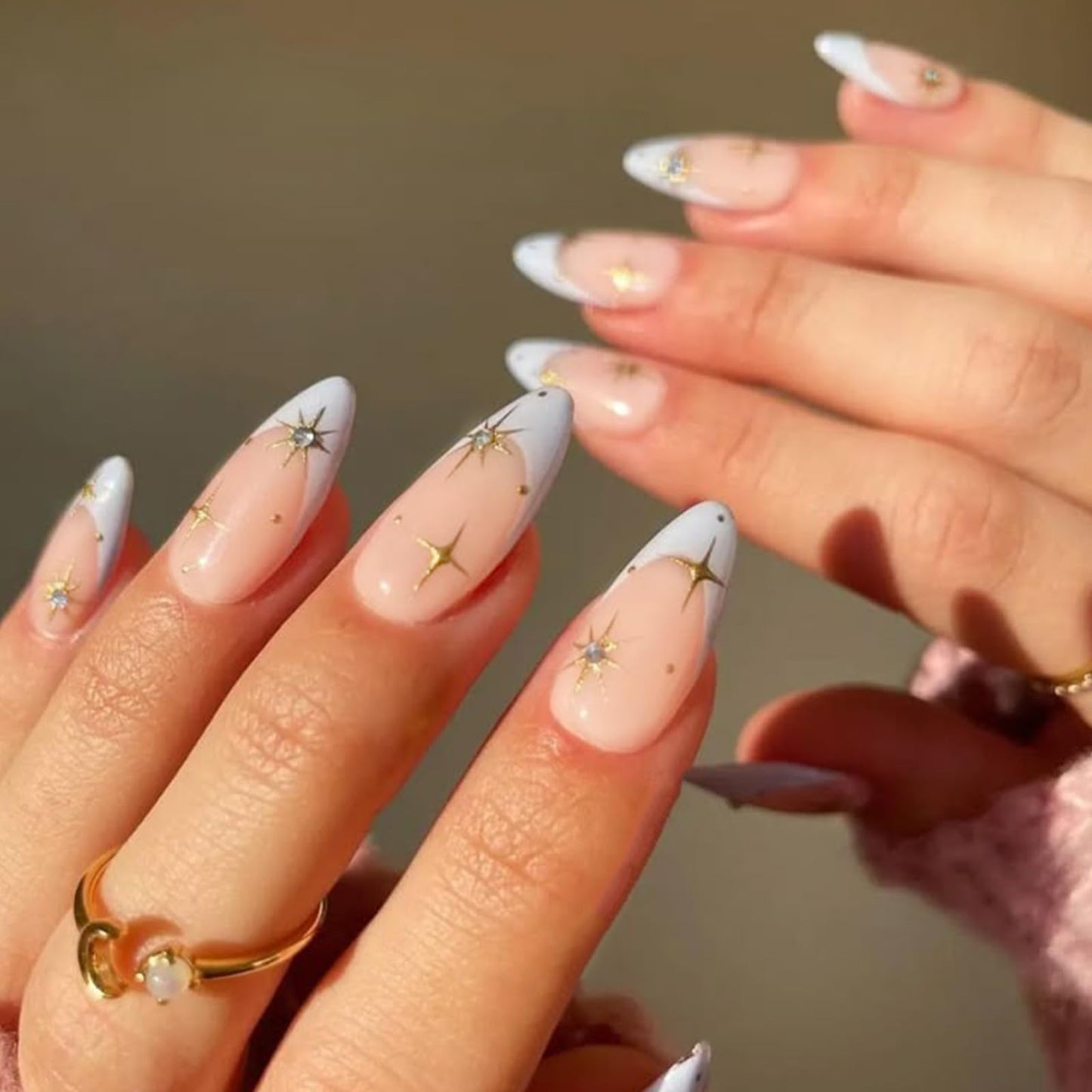 VOTACOS White French Tip Press on Nails Almond Medium Nude Acrylic Fake Nails Press Ons with Designs Golden Star Pot Rhinestone Glue on Nail for Women 24PCS Reusable Artificial Stick on False Nail