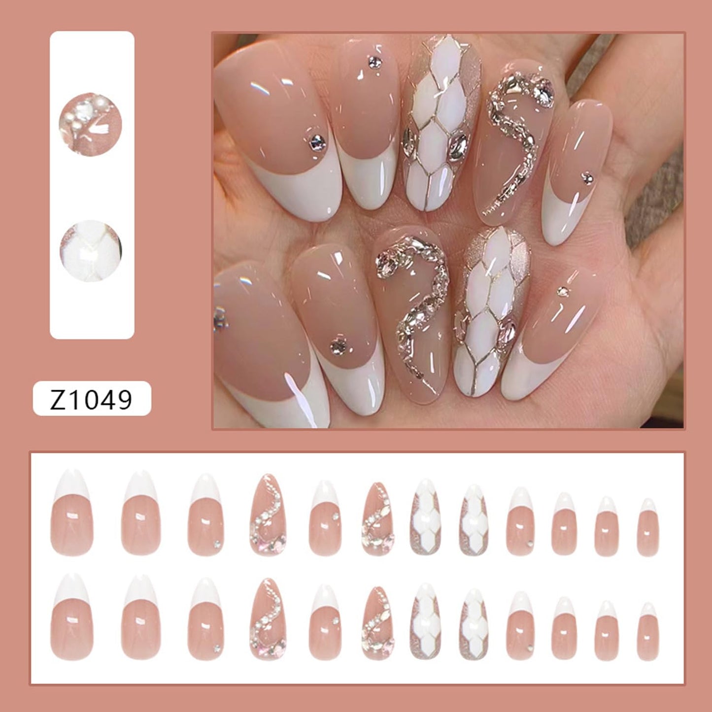 YKZFUI 24Pcs French Tip Press on Nails Medium Almond with 3D Crystal Rhinestones Design, White French Nails Press ons Cute Stick on Nails Little Snake Fashion Acrylic ABS DIY False Nails Set for Women
