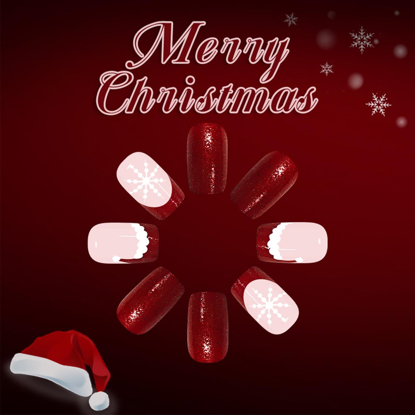 Christmas Medium Square False Nails Snowflake Gel Glue on Nail 24Pcs Christmas Hat Press on Nails French Tips Stick on Fingernails Glossy Red Curve Line Acrylic Fake Nail for Women Xmas Gift