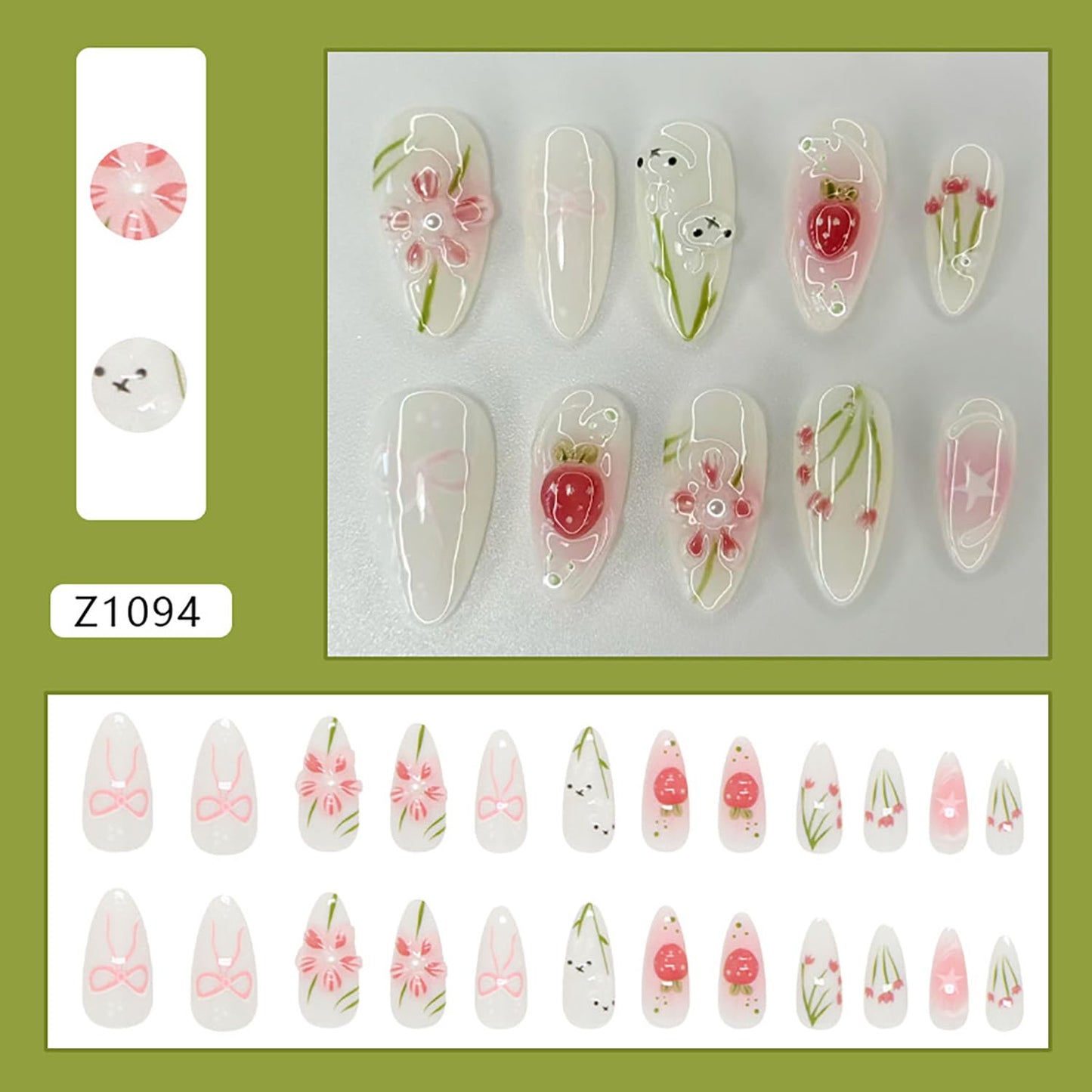 EYZOTSF Press on Almond Nails Medium Length Glossy Full Cover Acrylic Almond Shaped False Nails with Designs Artificial Fake Nail with Charms Glue Stick ons Fingernails for Women Girls(Z1094)
