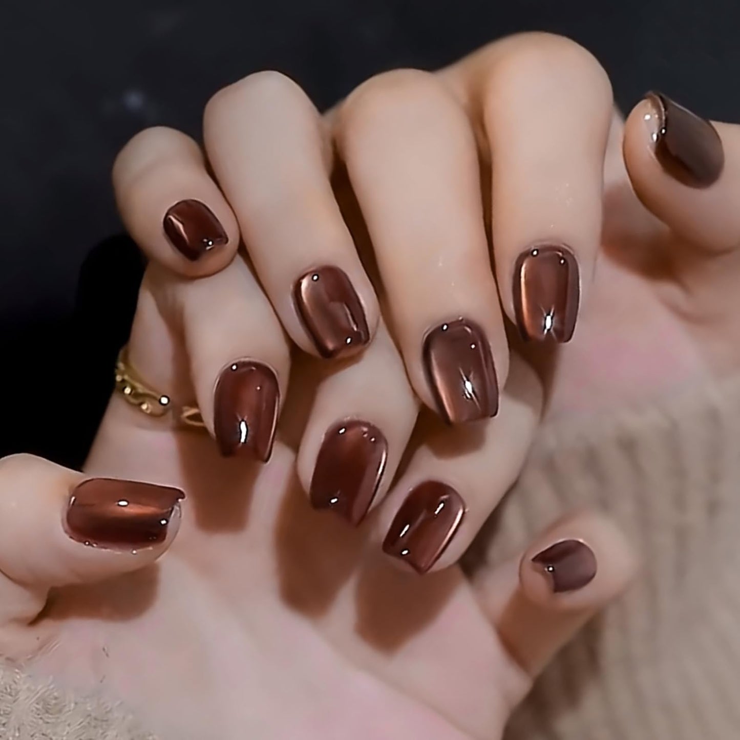 HOSAILY Dark Red Brown Cat Eye Press on Nails Almond, 30pcs Glitter Sparkle Fake Nails Short Coffin, Winter Xmas New Year Glue on Nails Press ons, Glossy Shiny Bling Natural Stick on Nails for Women