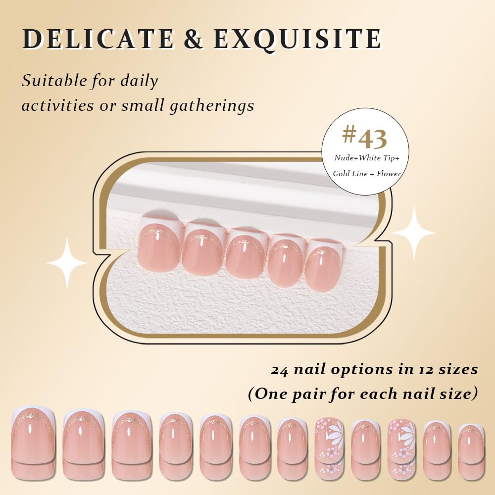 XZMeiLun French White Gold Press On Nails, Short Square Acrylic Fake Nails with 3D Gold Line French Tip Floral Design, Natural Reusable Glue-On Nails Kit for Women DIY Nail Art Decoration Gift