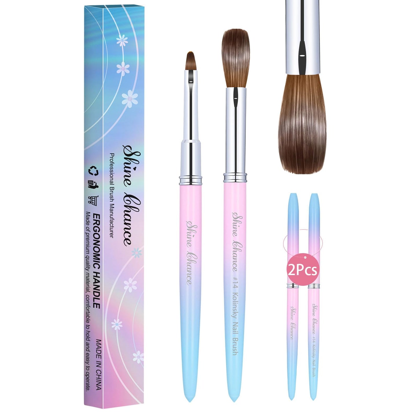 Shine Chance 2Pcs Acrylic Nail Brushes Set, 100% Pure Kolinsky Size 14 Nail Art Brush & Small Clean Up Brush, Art Design & Polish Mistake Cleaning Manicure Tools for Women Acrylic Application
