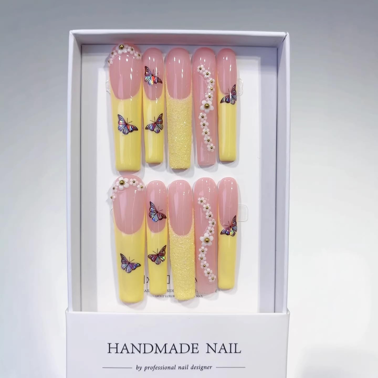 MikaJayboo Handmade Press on Nails Long Coffin Yellow French Tip Fake Nails with Butterfly & Rhinestone for Women Glue on Nails for Party Daily Manicure 10Pcs (Size M)