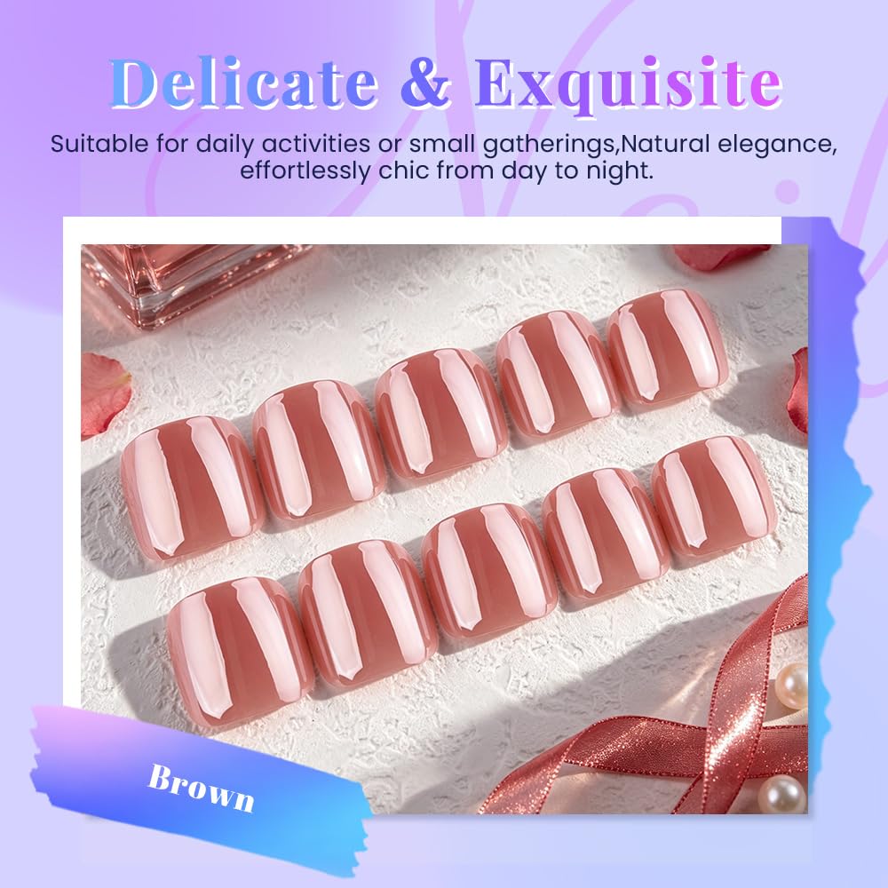 evpct Brown Glazed Press on Toenails Square for Women Gift, Glossy Square Fake Stick Press on Toe Nails, Soft Stick on Toenail Set with Kit, Lightweight Perfectly Fit Full Cover Fake Toenails 32Pcs