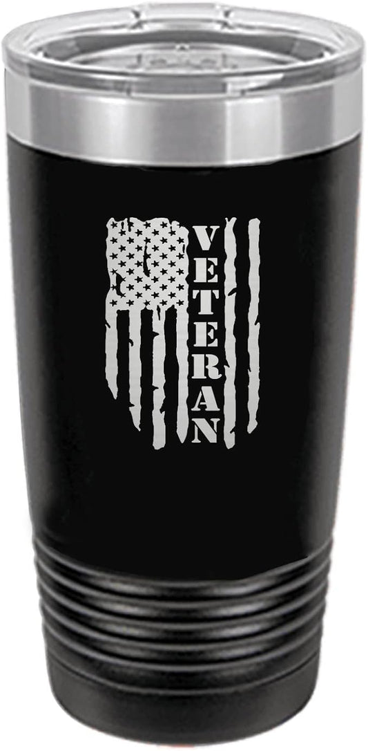 Rogue River Tactical USA Flag Veteran 20 Oz. Travel Tumbler Mug Cup w/Lid Vacuum Insulated Hot or Cold Military Vet Gift (Black)