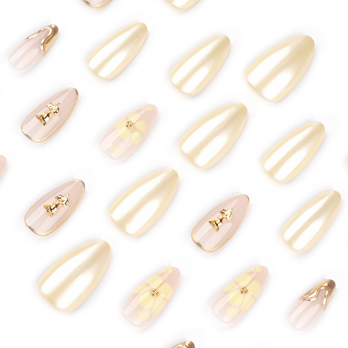Yellow Flower Press On Nails with Gold 3D Design, Glossy Almond Fake Nails with Metallic Line Art, Elegant Reusable Stick On Nails for Women and Girls, 24PCS Full Cover False Nail Set